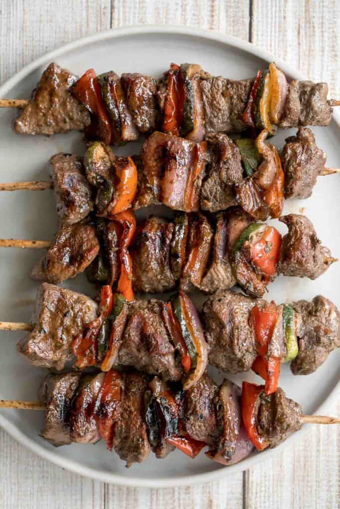 Easy Greek Souvlaki Beef Shish Kebabs are delicious and flavorful, made with a simple marinade and fresh vegetables. Cook on the grill or oven. | aheadofthyme.com