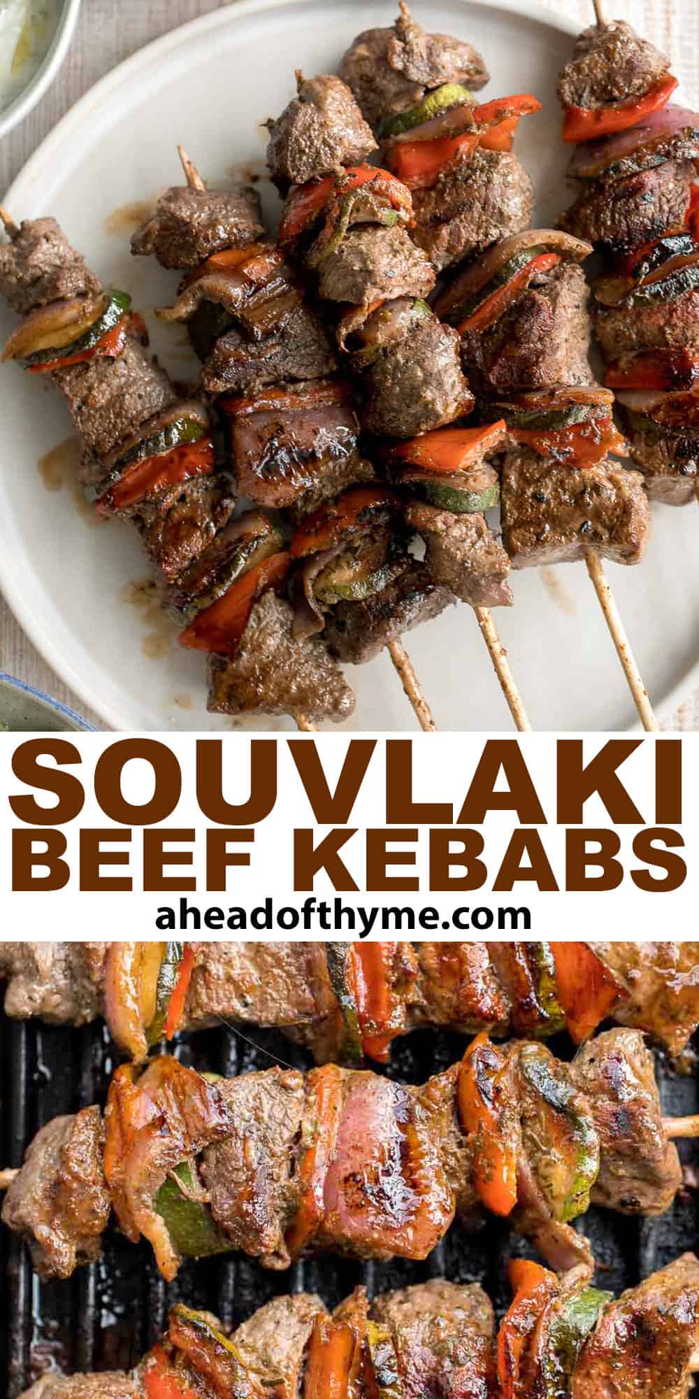 Easy Greek Souvlaki Beef Shish Kebabs are delicious and flavorful, made with a simple marinade and fresh vegetables. Cook on the grill or oven. | aheadofthyme.com