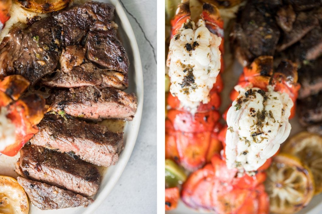 Fancy, restaurant-quality surf and turf is super easy to make with fresh lobster tail and tender rib-eye steak with a delicious garlic butter sauce. | aheadofthyme.com