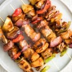 Juicy and tender teriyaki chicken skewers with pineapple, bell peppers and red onions are sticky, sweet, savoury, and tangy. So flavourful and delicious. | aheadofthyme.com
