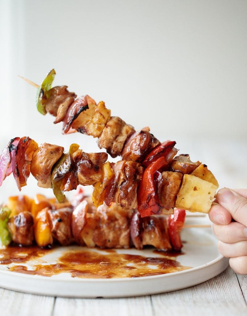 Juicy and tender teriyaki chicken skewers with pineapple, bell peppers and red onions are sticky, sweet, savoury, and tangy. So flavourful and delicious. | aheadofthyme.com