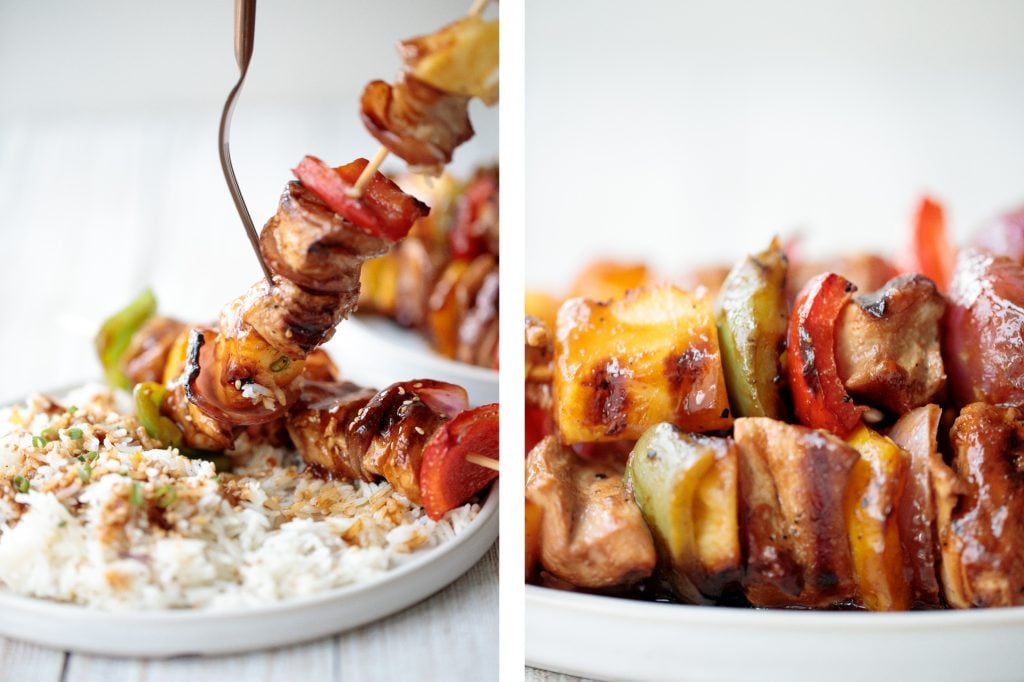 Juicy and tender teriyaki chicken skewers with pineapple, bell peppers and red onions are sticky, sweet, savoury, and tangy. So flavourful and delicious. | aheadofthyme.com