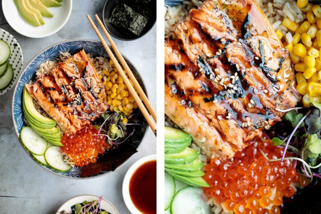 Easy to make, light and fresh teriyaki grilled salmon rice bowl is topped with vegetables, seaweed and salmon roe, with homemade teriyaki sauce on top. | aheadofthyme.com