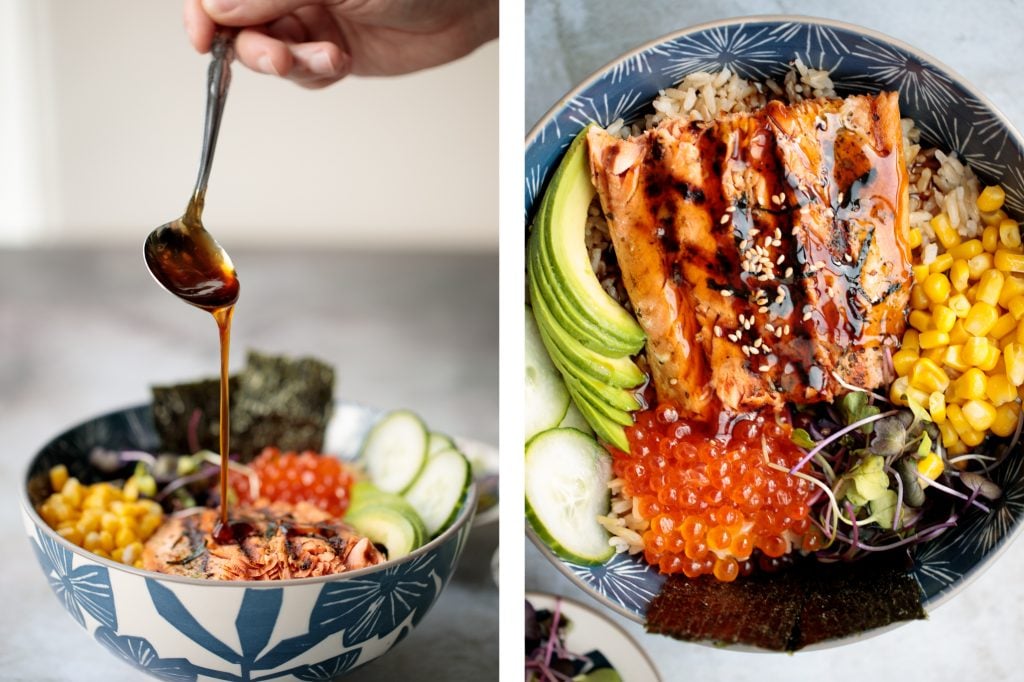 Easy to make, light and fresh teriyaki grilled salmon rice bowl is topped with vegetables, seaweed and salmon roe, with homemade teriyaki sauce on top. | aheadofthyme.com