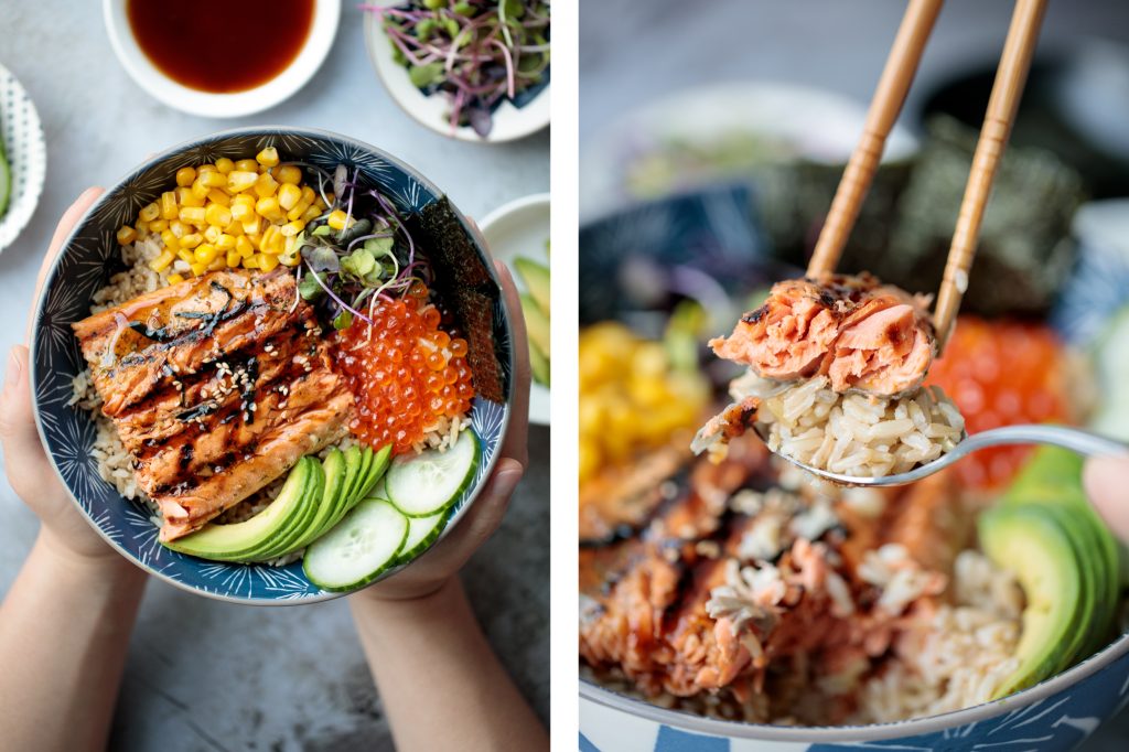 Easy to make, light and fresh teriyaki grilled salmon rice bowl is topped with vegetables, seaweed and salmon roe, with homemade teriyaki sauce on top. | aheadofthyme.com