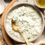 Easy Tzatziki Sauce is a cool, creamy Greek dip made with thick Greek yogurt, crisp cucumber, zesty lemon juice, and fresh dill. Quick and easy too! | aheadofthyme.com