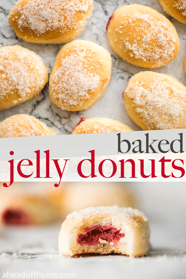 These melt-in-your-mouth, homemade baked jelly donuts, coated in sugar and filled with sweet strawberry jam, are so soft, fluffy, spongy and airy. | aheadofthyme.com