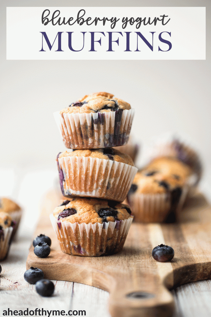 Blueberry yogurt muffins are buttery, moist, soft, and cakey and bursting with blueberries in every single bite. They are super quick and easy to make. | aheadofthyme.com