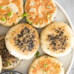 Crispy bottom pan-fried fried vegetable buns (no yeast) are crunchy outside yet tender inside with a mushroom, carrot and vermicelli vegetarian filling. | aheadofthyme.com