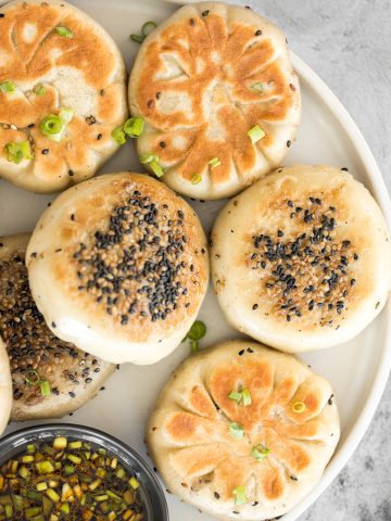 Crispy bottom pan-fried fried vegetable buns (no yeast) are crunchy outside yet tender inside with a mushroom, carrot and vermicelli vegetarian filling. | aheadofthyme.com