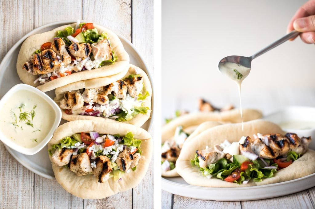 This refreshing and light, easy Greek chicken gyros is packed with tender souvlaki chicken, Greek salad, and homemade tzatziki sauce, all wrapped in a pita. | aheadofthyme.com