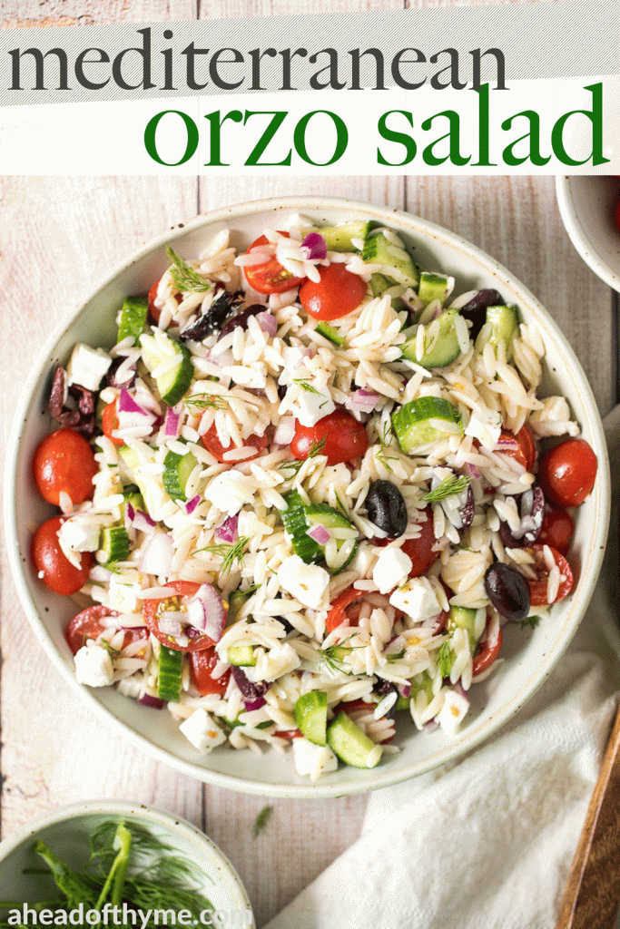 Quick and easy Mediterranean orzo pasta salad packed with fresh vegetables and herbs is tossed in a Greek lemon vinaigrette. Healthy, light and delicious. | aheadofthyme.com