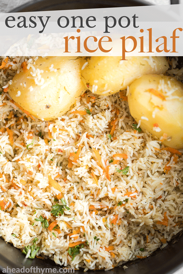 This quick and easy one pot rice pilaf with carrots is elevated with so much flavour with sautéed carrots, onion, garlic, and herbs, and cooked in stock. | aheadofthyme.com