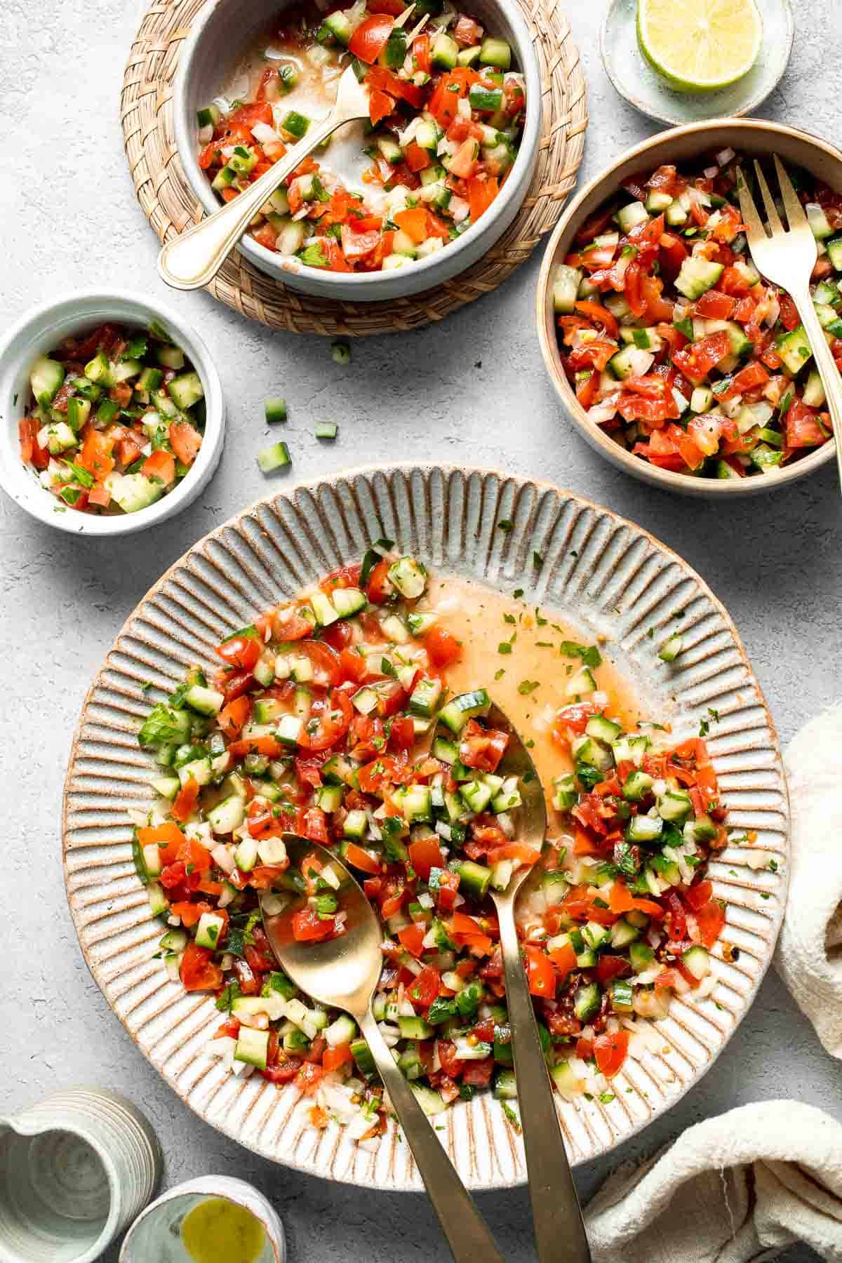 Persian Shirazi Salad with cucumber and tomato is a healthy, light, and simple salad packed with herbs and tossed in an olive oil lime dressing. | aheadofthyme.com