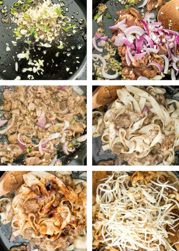 Better than takeout, flavourful stir-fried spicy cumin lamb noodles is packed with marinated lamb, noodles, and crisp bean sprouts. Make it in 15 minutes. | aheadofthyme.com