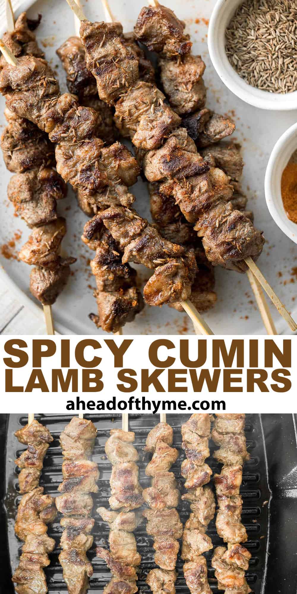 Juicy and tender, Xinjiang Spicy Cumin Lamb Skewers with a bold cumin and cayenne marinade, are so flavourful and easy to make on the grill or air fryer. | aheadofthyme.com