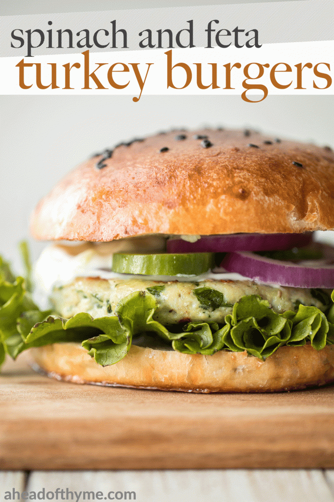 Greek-style spinach and feta turkey burgers are tender, juicy, and flavourful, loaded with spinach, feta and fresh Mediterranean herbs + so easy to prep. | aheadofthyme.com
