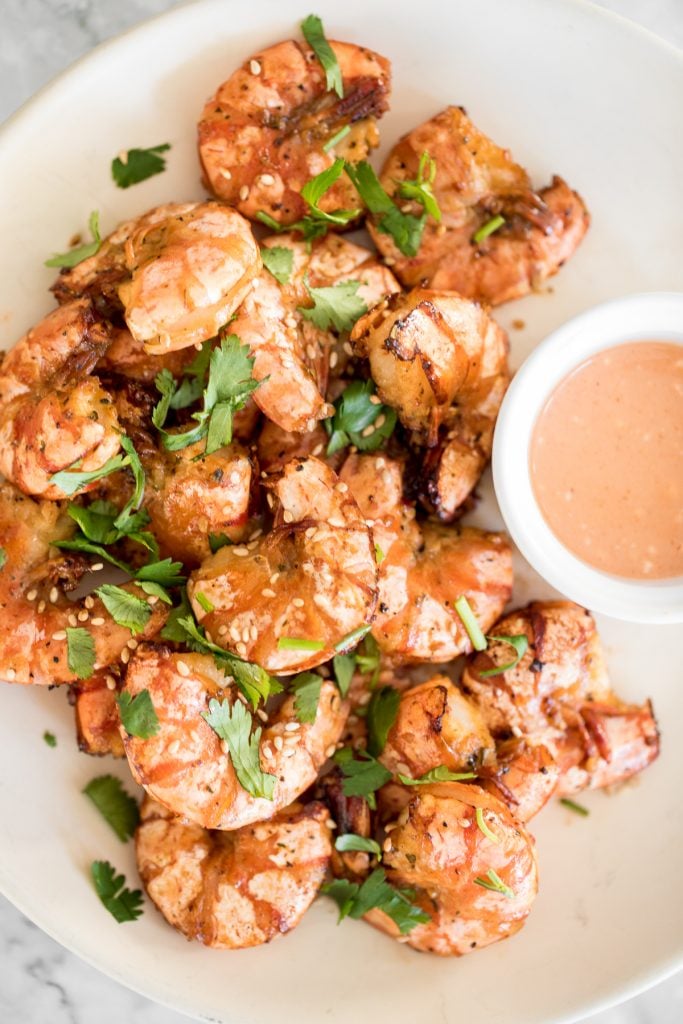 10-minute air fryer jumbo shrimp is juicy and tender on the inside, and crispy on the outside. It's so flavourful and garlicky with Asian seasonings. | aheadofthyme.com