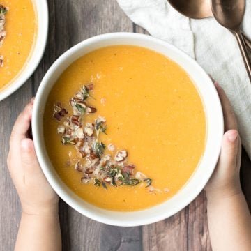 Quick and easy 30-minute butternut squash soup is simple yet packed with flavour, is naturally vegan and gluten-free, and can be made ahead of time. | aheadofthyme.com