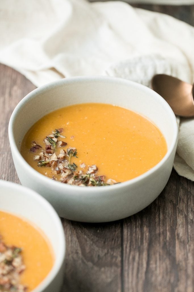 Quick and easy 30-minute butternut squash soup is simple yet packed with flavour, is naturally vegan and gluten-free, and can be made ahead of time. | aheadofthyme.com