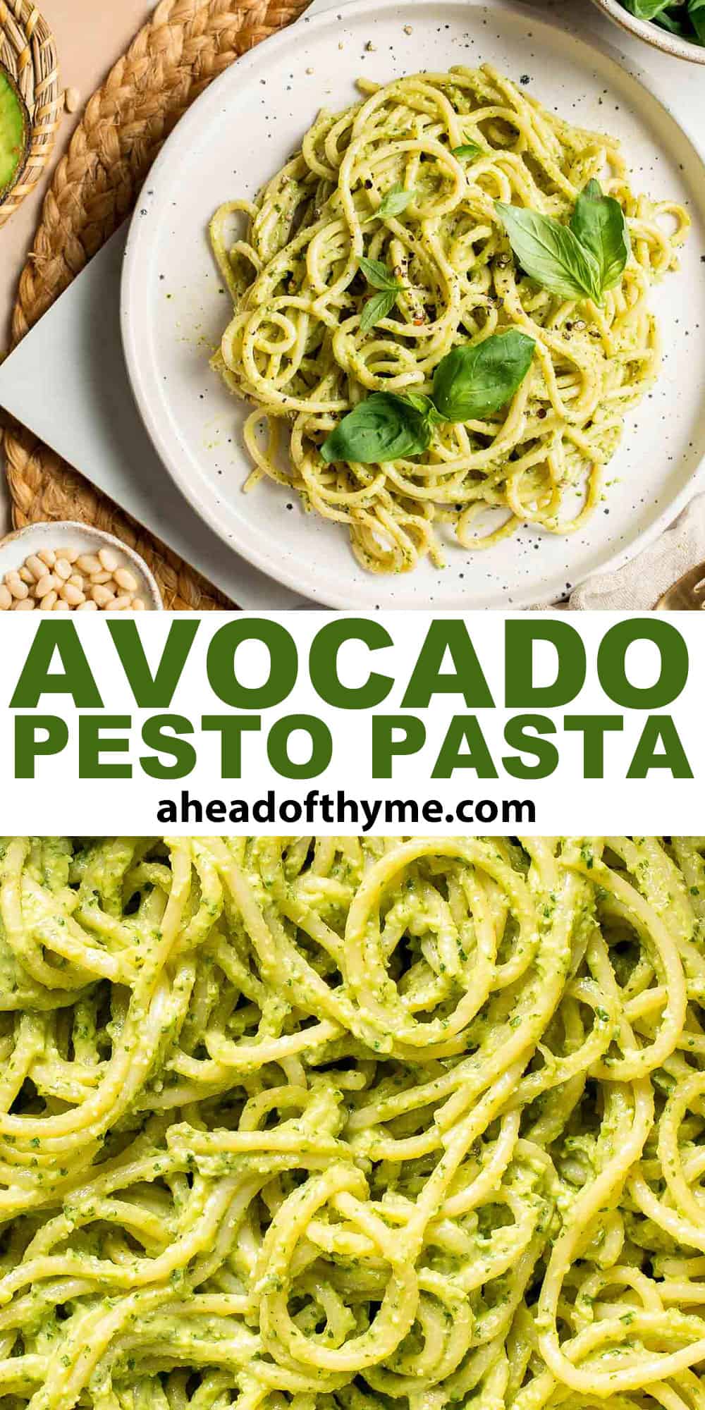 This creamy Avocado Pesto Pasta is healthy, light, and delicious. This quick and easy vegan pasta comes together in just 15 minutes (including prep!). | aheadofthyme.com