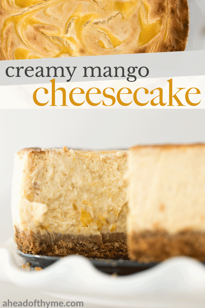 Mousse-like, creamy mango cheesecake with a graham cracker crust, light cheesecake filling packed with mangos, and mango swirled on top is so easy to make. | aheadofthyme.com