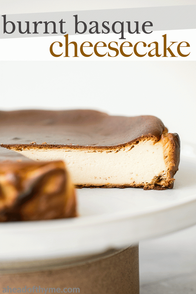 Easy no crust burnt Basque cheesecake is the easiest one bowl recipe. It is perfectly caramelized on the top and edges and creamy yet firm on the inside. | aheadofthyme.com