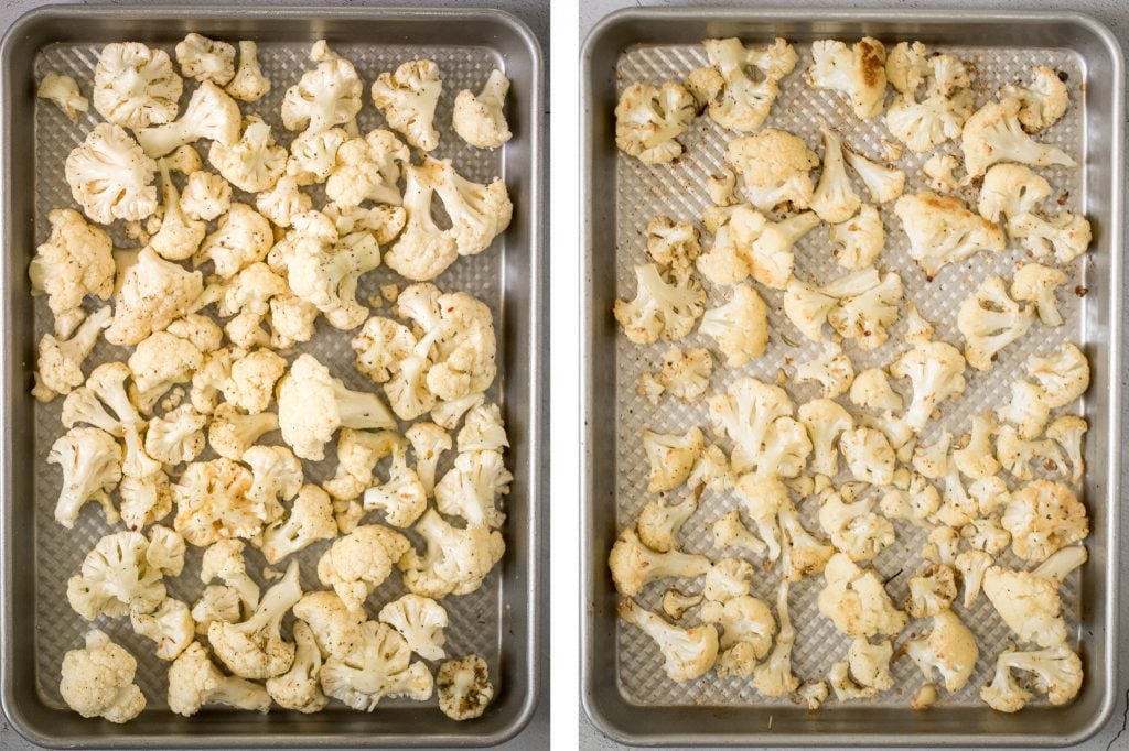 Quick and easy roasted cauliflower is a delicious, flavourful side dish that you throw on a sheet pan and into the oven. Plus, it's vegan and gluten-free. | aheadofthyme.com