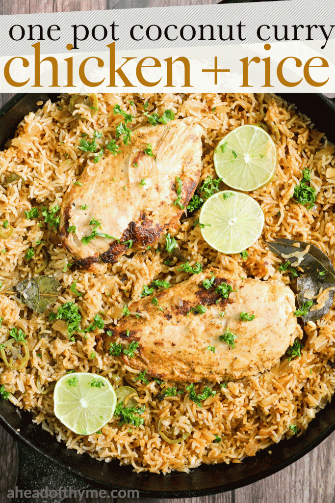 Creamy, delicious and flavourful, Thai-inspired one pot coconut curry chicken and rice is a 30-minute weeknight meal made with red curry and coconut milk. | aheadofthyme.com