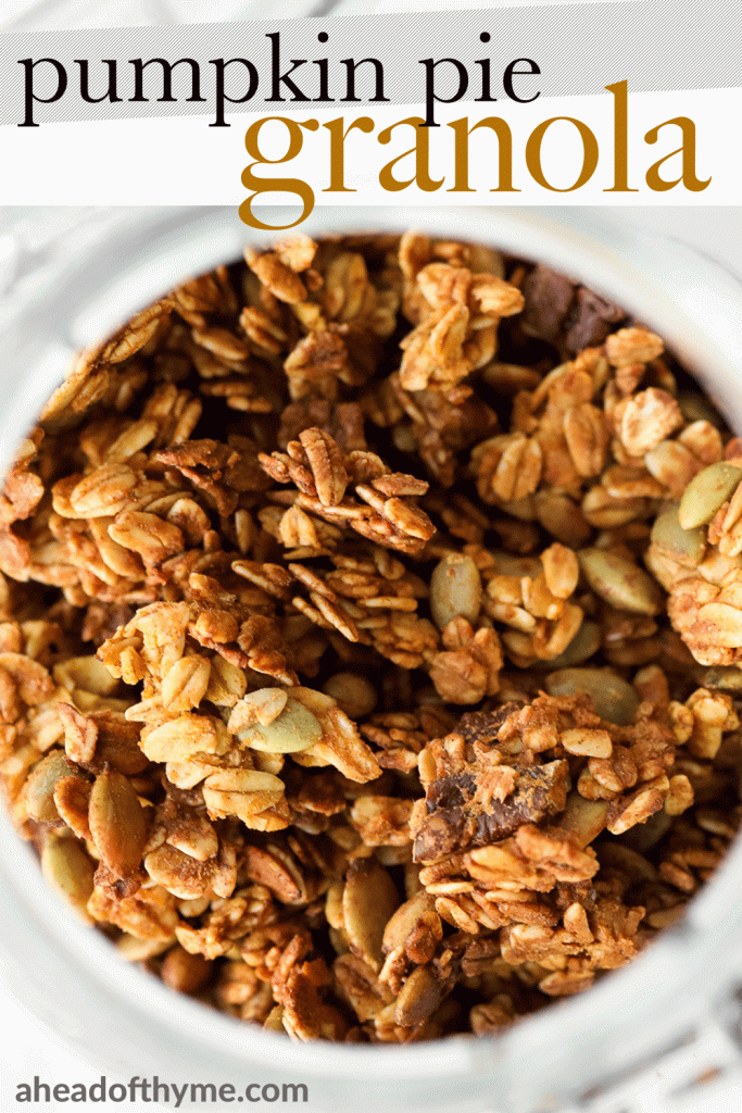 Quick and easy pumpkin pie granola packed with oats, pumpkin, pumpkin spice, and nuts, is vegan, gluten-free, and refined sugar-free. The best fall snack. | aheadofthyme.com