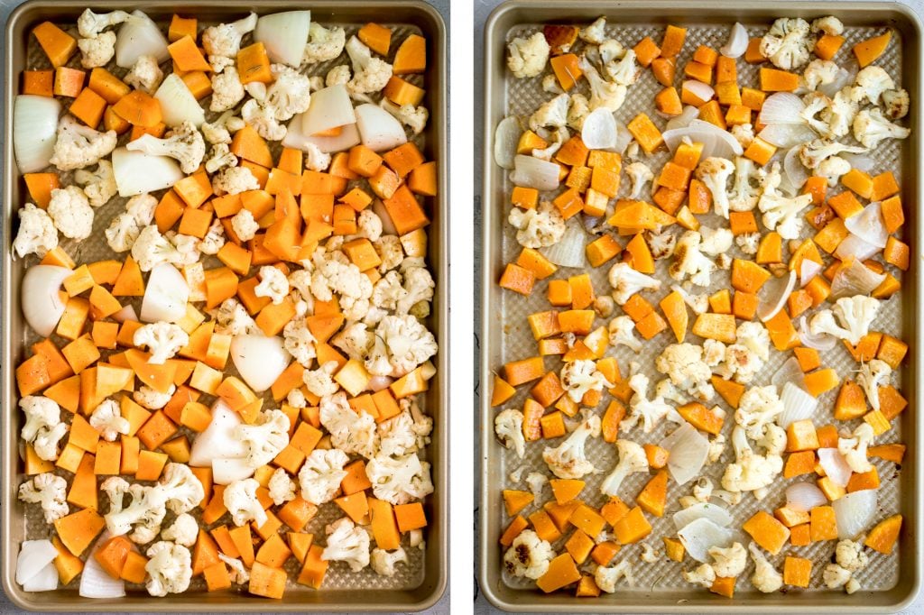 Creamy roasted butternut squash and cauliflower soup has all the fall feels and is vegan and gluten-free. Plus, it's super easy to make in a sheet pan. | aheadofthyme.com