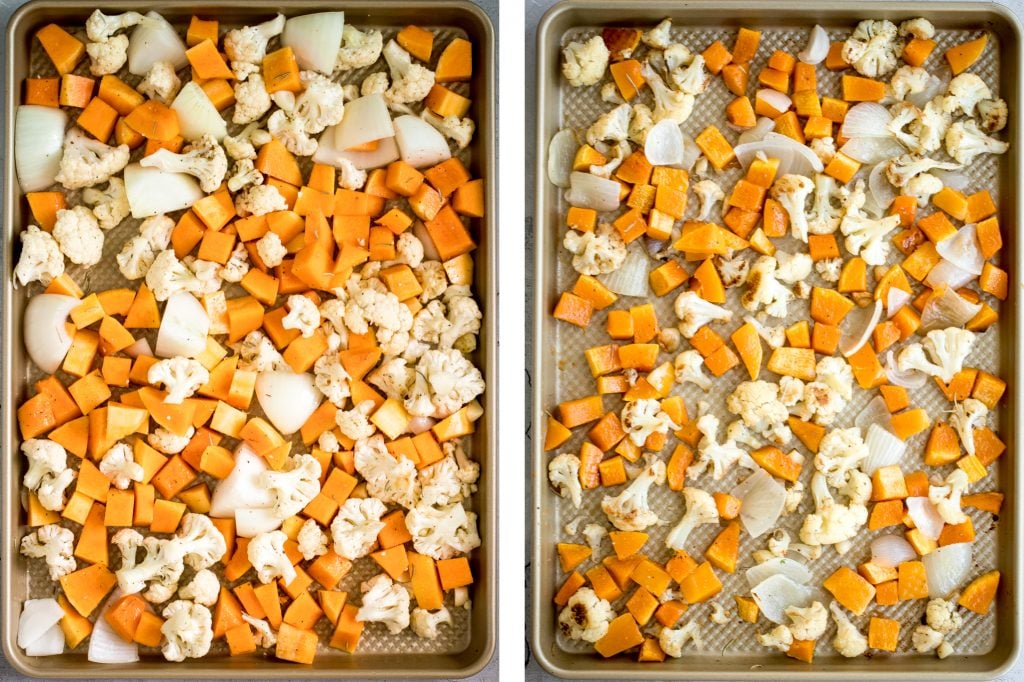 Creamy roasted butternut squash and cauliflower soup has all the fall feels and is vegan and gluten-free. Plus, it's super easy to make in a sheet pan. | aheadofthyme.com