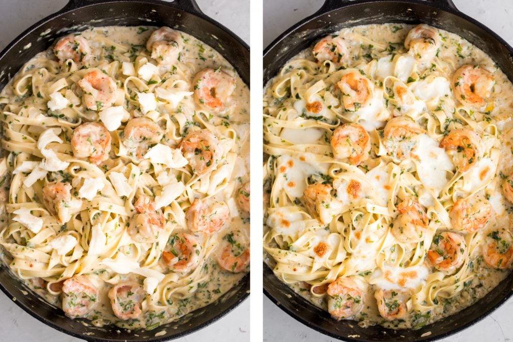 Creamy shrimp fettuccine alfredo pasta bake is garlicky, buttery, cheesy, loaded with shrimp + parsley and topped with mozzarella. Easy comfort food goals. | aheadofthyme.com