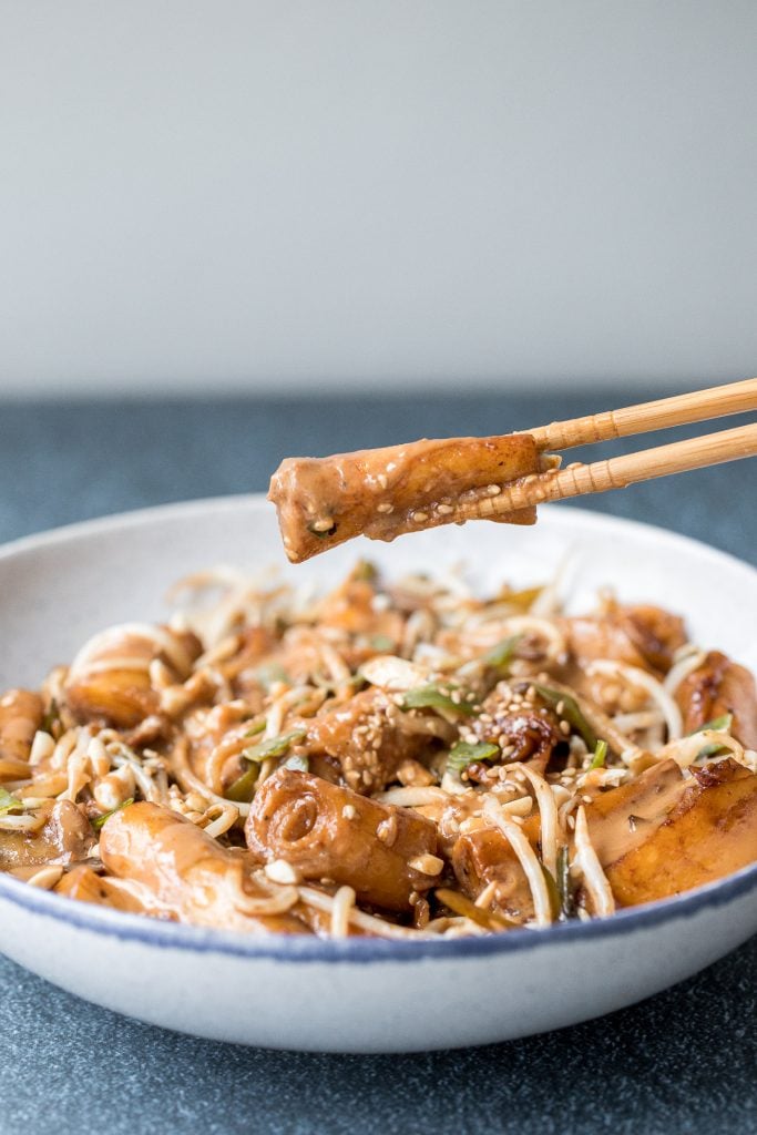 Better than takeout, quick and easy one pan stir-fried rice noodle rolls with peanut butter sauce is the best weeknight stir fry, ready in under 10 minutes. | aheadofthyme.com