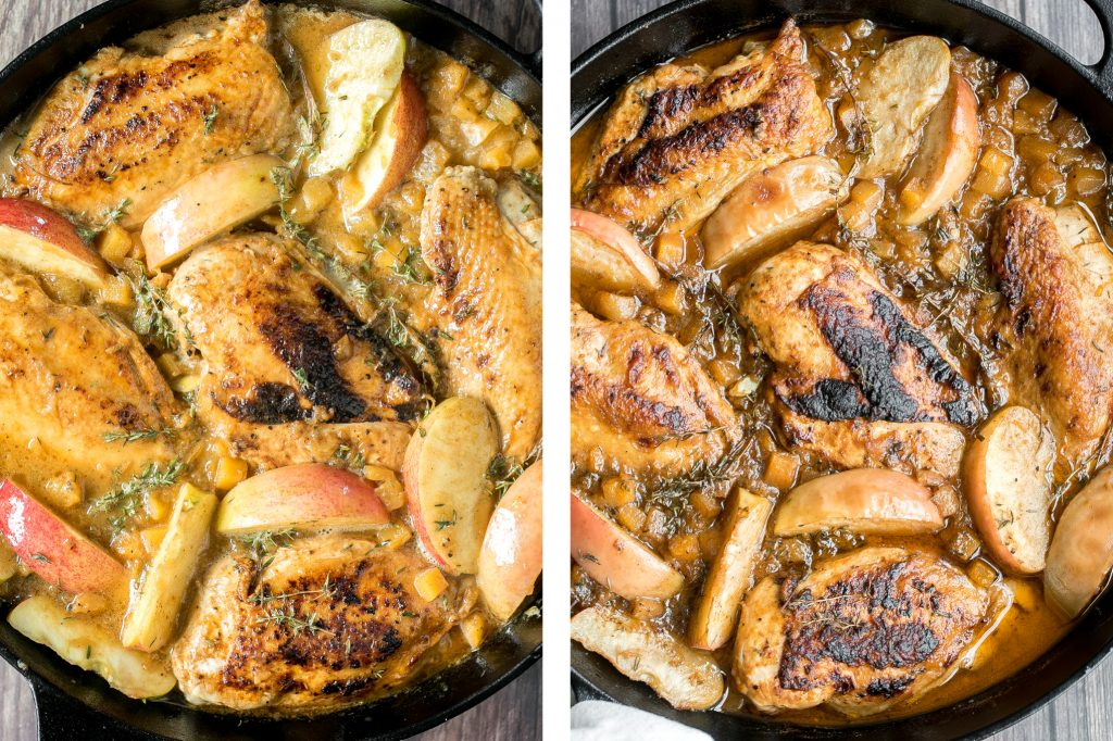 Quick, easy, one pan apple cider chicken with butternut squash, apples, and thyme, cooked in an apple cider sauce. Serve this fall meal in just 40 minutes. | aheadofthyme.com