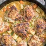 Tender and juicy apple dijon braised chicken thighs with potatoes is juicy, tender and so succulent that it falls off the bone, yet so crispy outside. | aheadofthyme.com