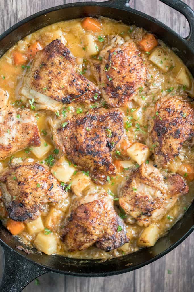 Tender and juicy apple dijon braised chicken thighs with potatoes is juicy, tender and so succulent that it falls off the bone, yet so crispy outside. | aheadofthyme.com