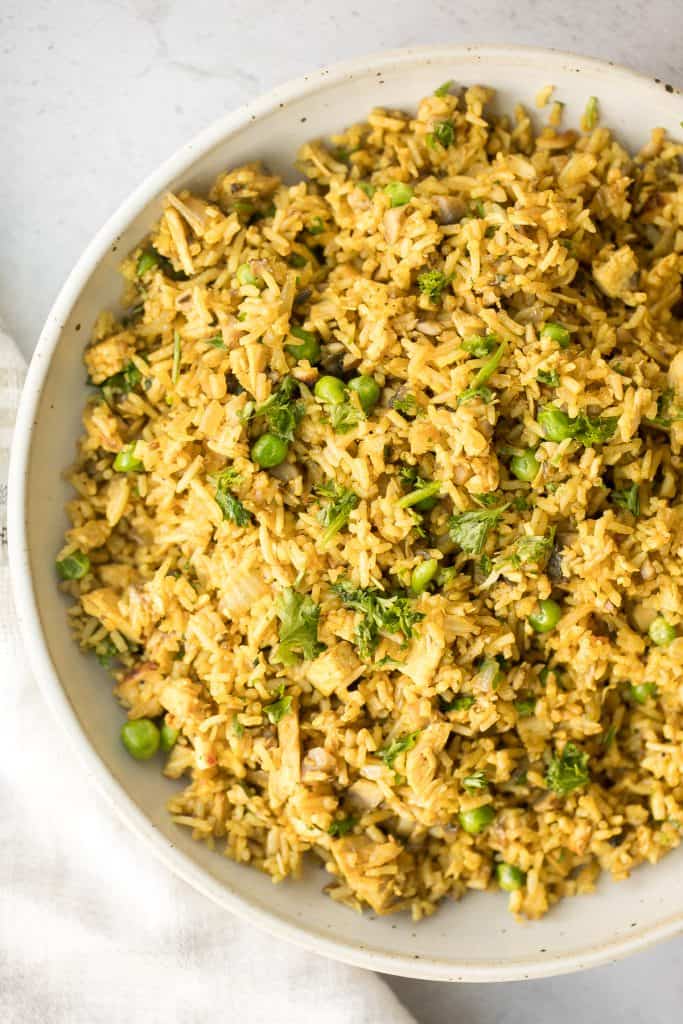 Flavourful curry chicken fried rice with chicken, mushrooms, peas, rice, and curry flavours is so easy to make in less than 10 minutes on busy weeknights. | aheadofthyme.com