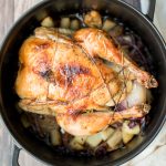 Easy Dutch oven whole roast chicken with the crispiest golden skin is juicy, tender and succulent and packed with flavour. Just takes 15 minutes to prep. | aheadofthyme.com