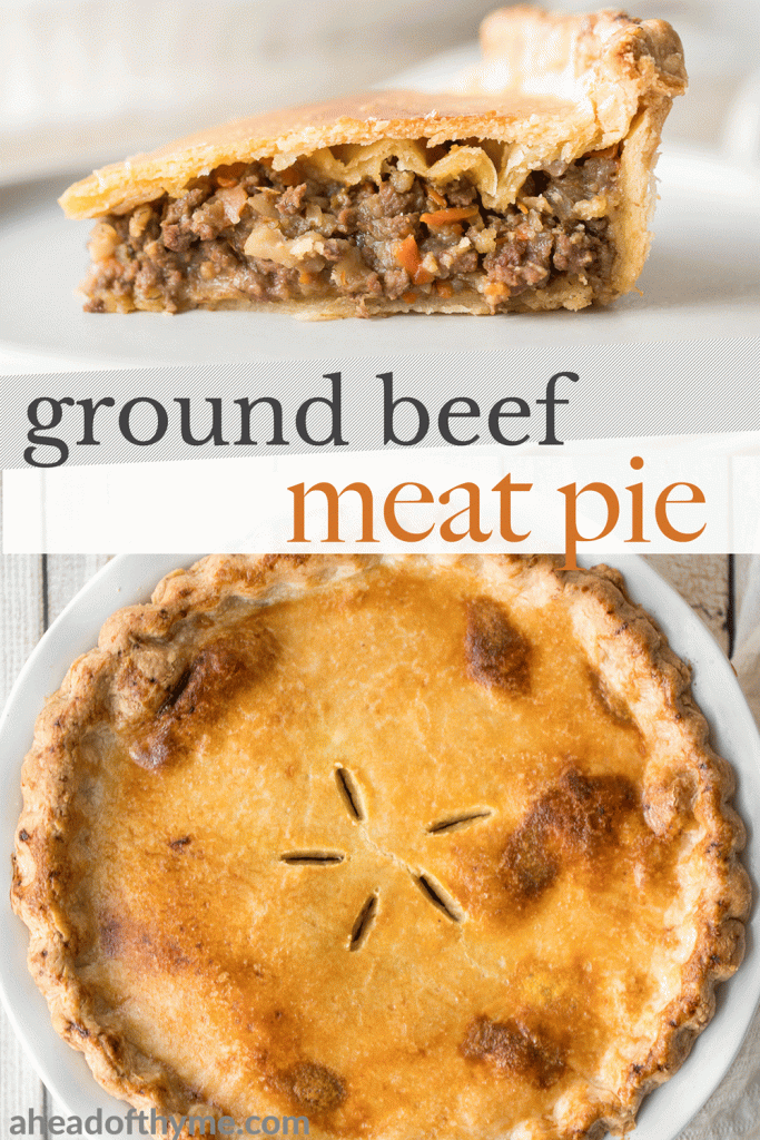 Ground beef meat pie with a flaky puff pastry double crust pie is filled with ground beef cooked with vegetables and seasonings. The ultimate comfort food. | aheadofthyme.com
