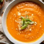 One pot Healthy Sweet Potato Soup is silky, creamy, and nourishing. Packed with cozy fall flavors, this vegan soup is ready in just 30 minutes. | aheadofthyme.com