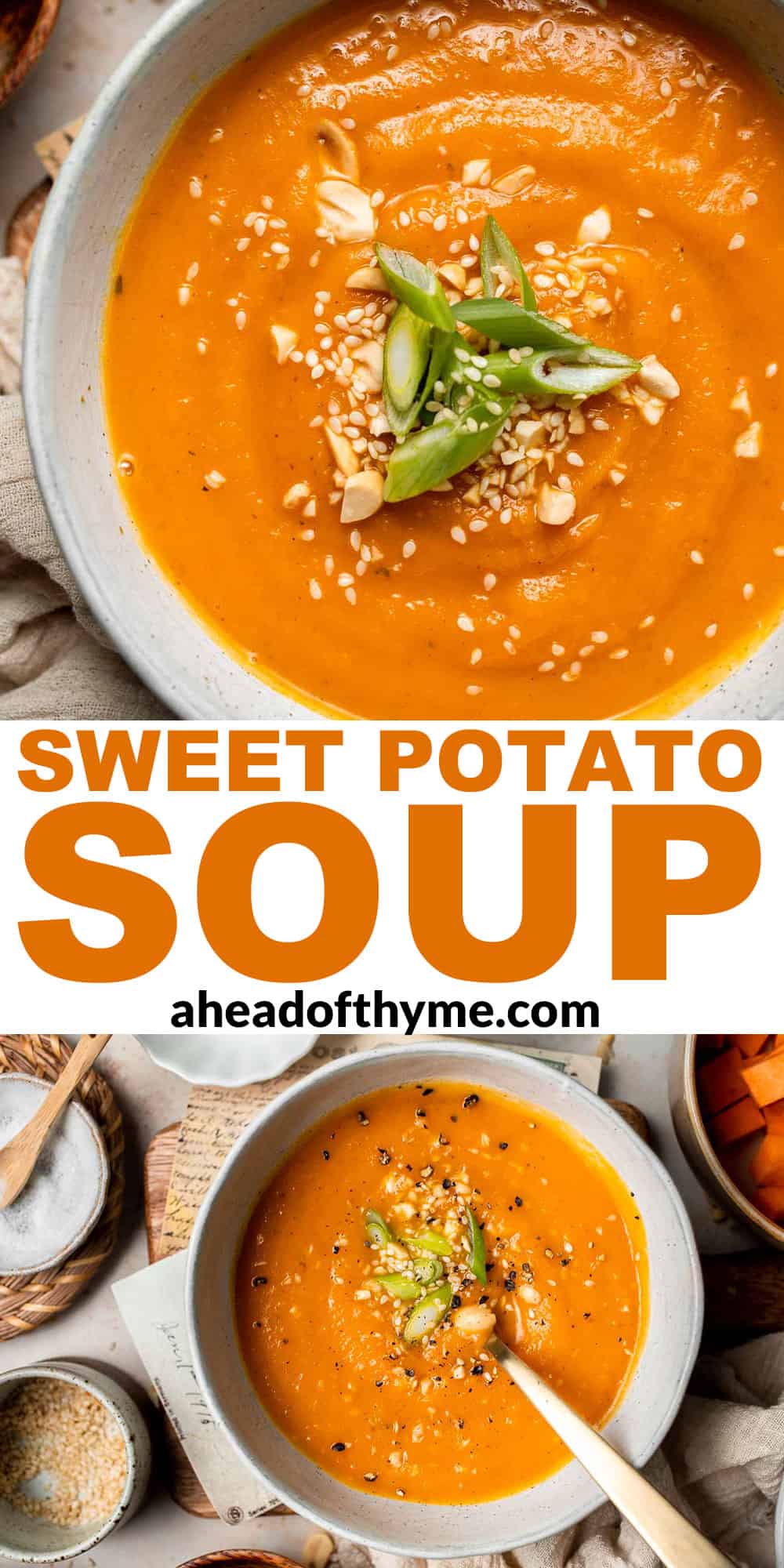 One pot Healthy Sweet Potato Soup is silky, creamy, and nourishing. Packed with cozy fall flavors, this vegan soup is ready in just 30 minutes. | aheadofthyme.com