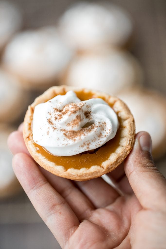 Small batch mini pumpkin pies with a flaky crust, delicious pumpkin pie filling, and cinnamon whipped cream, are perfect for a small Thanksgiving crowd. | aheadofthyme.com