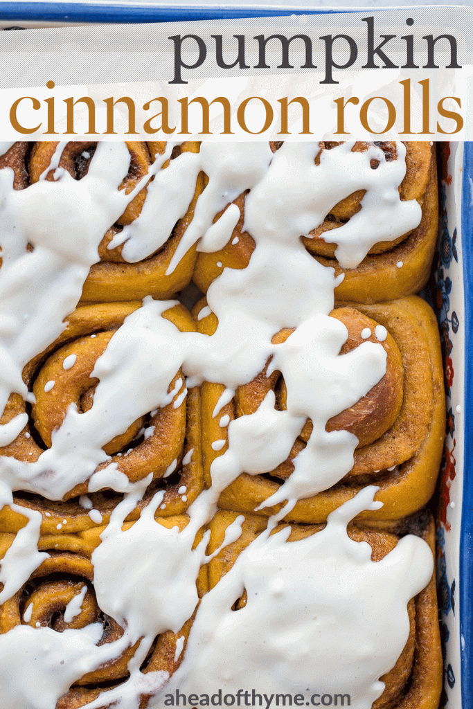 Soft and fluffy, pumpkin cinnamon rolls are packed with pumpkin, layered with pumpkin spice, and topped with cream cheese icing. Best fall treat ever. | aheadofthyme.com