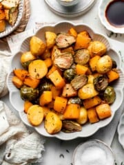 One pan roasted fall vegetables with seasonal produce is a cozy, stress-free side dish that's perfect for Thanksgiving, holidays, or autumn dinners. | aheadofthyme.com
