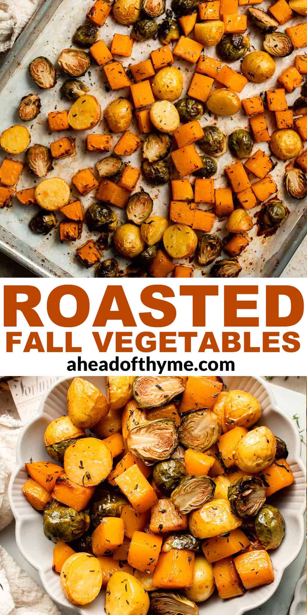 One pan roasted fall vegetables with seasonal produce is a cozy, stress-free side dish that’s perfect for Thanksgiving, holidays, or autumn dinners. | aheadofthyme.com