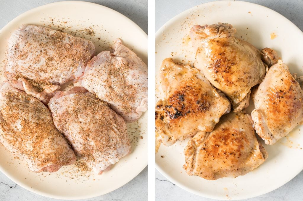 Tender, juicy, and crispy one pan skillet chicken thighs and potatoes and carrots is an easy weeknight dinner on your dinner table in less than 45 minutes. | aheadofthyme.com