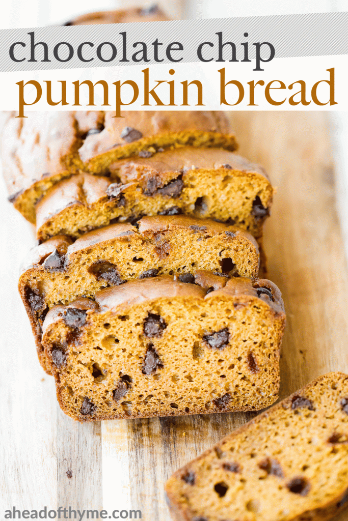 Soft and moist, small batch chocolate chip pumpkin bread is the easiest fall treat, packed with fall flavours of warm pumpkin spice, pumpkin, and chocolate. | aheadofthyme.com
