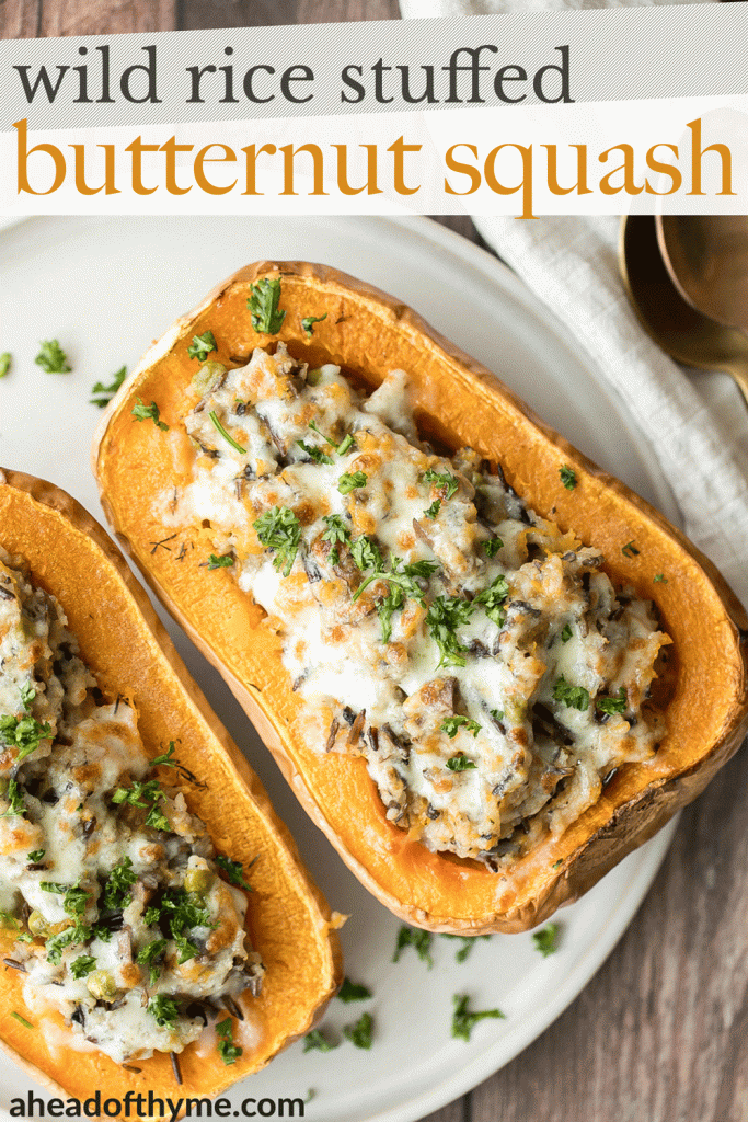 Healthy hearty and wholesome stuffed butternut squash with wild rice and mushrooms is an easy cozy vegetarian fall dinner or side. The best comfort food. | aheadofthyme.com