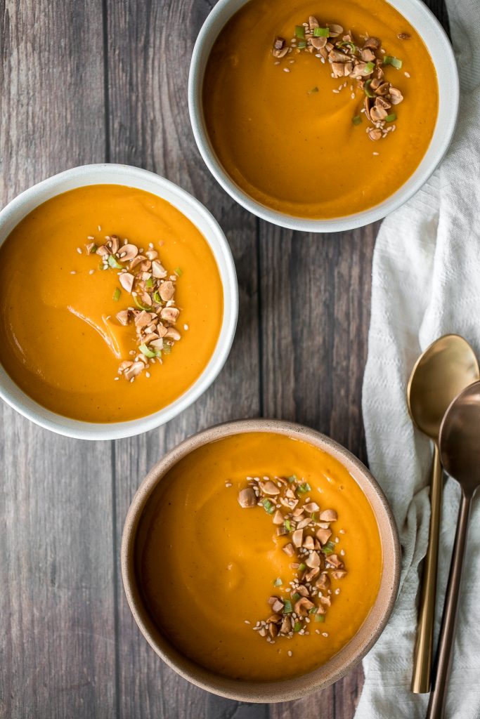 One pot sweet potato soup is super silky, creamy and vegan, and packed with fall flavours. Make this quick and easy fall and winter soup in 30 minutes. | aheadofthyme.com